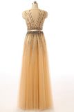 Beaded Gold Long Cap Sleeves Modest Prom Dresses ED0855