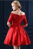 Lace Boat Neckline Red Back Up Lace Homecoming Cocktail Dress ED0868