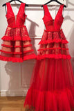 Charming Red V Neck Tulle Long Prom Dresses, Evening Ddress OKP62