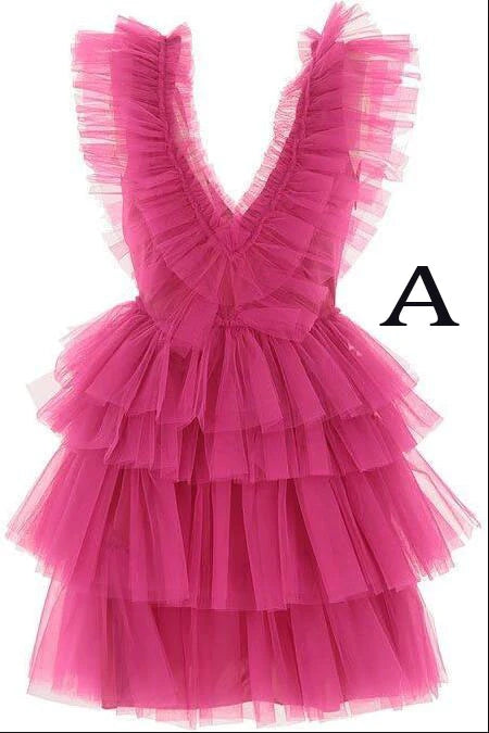 A Line Hot Pink V Neck Tiered Homecoming Dress Sweet Tulle Short Cocktail Party Dress OK1536