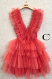 A Line Hot Pink V Neck Tiered Homecoming Dress Sweet Tulle Short Cocktail Party Dress OK1536