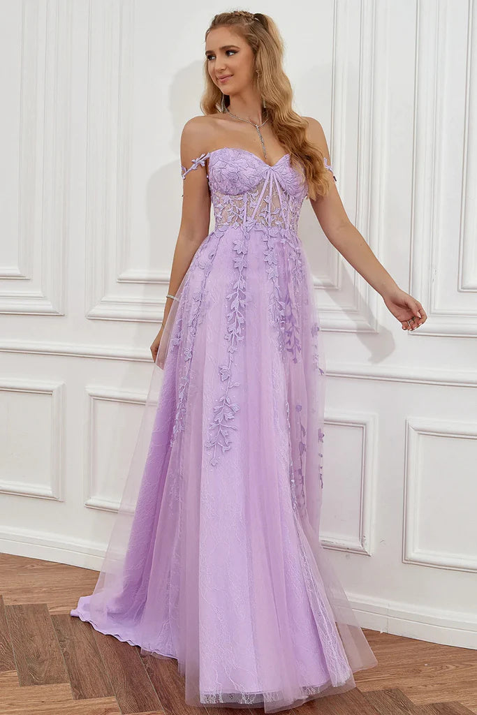 Elegant Off Shoulder Lilac Purple Lace Appliques Long Prom Dresses with High Slit OK1722