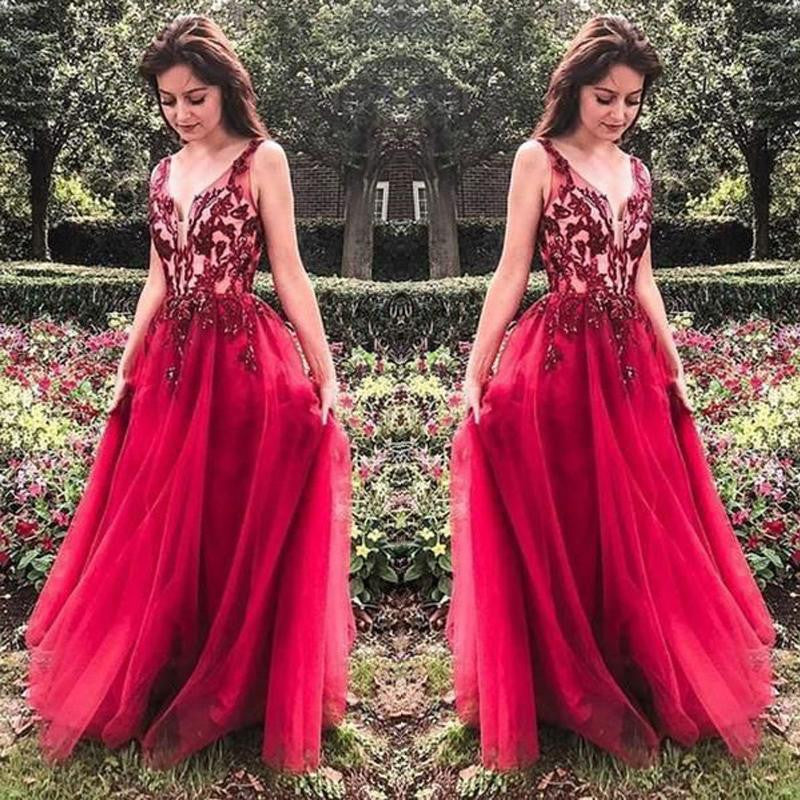 Unique Red V Neck Tulle Appliques Prom Dress, Long Party Gowns OKH15