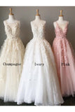 A Line Long Lace Applique Prom Dress Cheap Tulle Evening Dresses OKH43