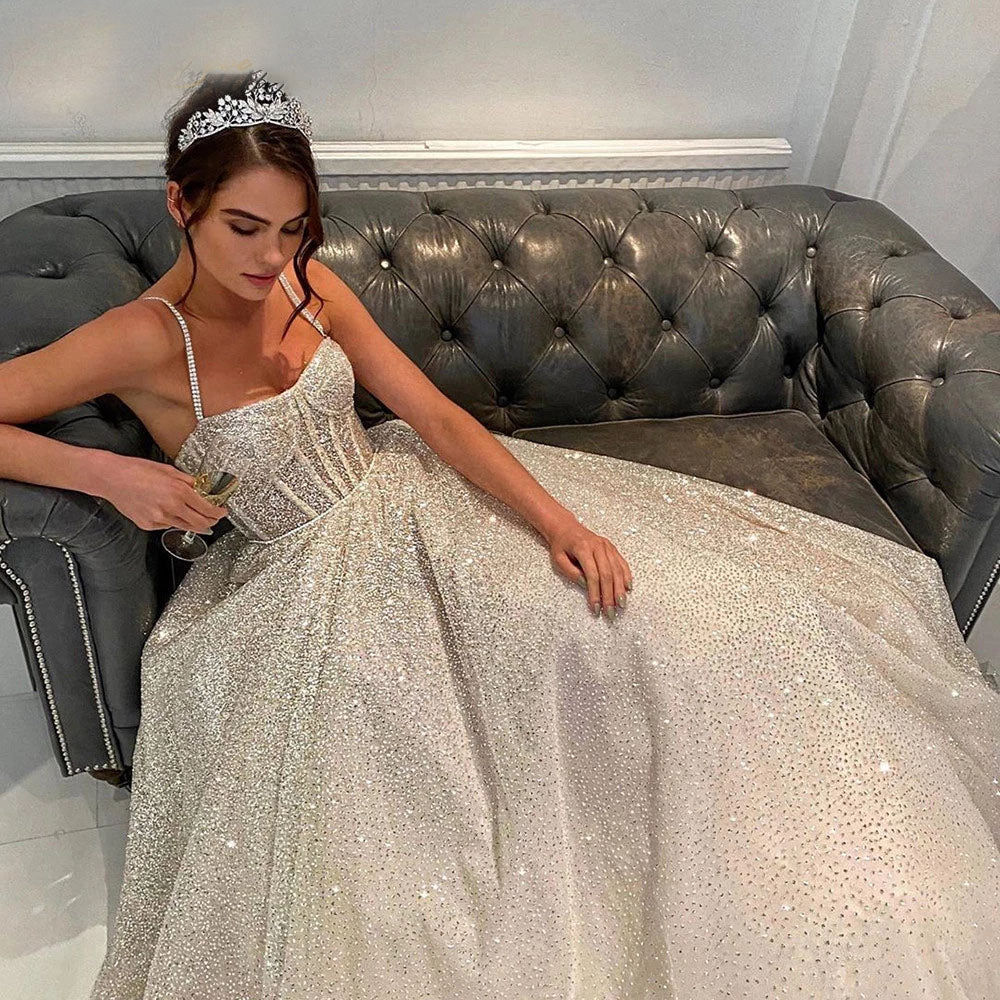 Glitter Wedding Dress A-line Shiny Tulle Straps Beaded Long Tail Bride –  Okdresses