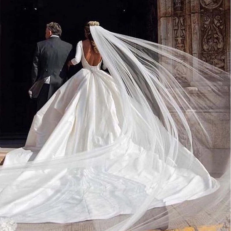 Gorgeous Satin Backless Wedding Dress 3/4 Sleeve Cathedral Train Bridal Dress OKW43