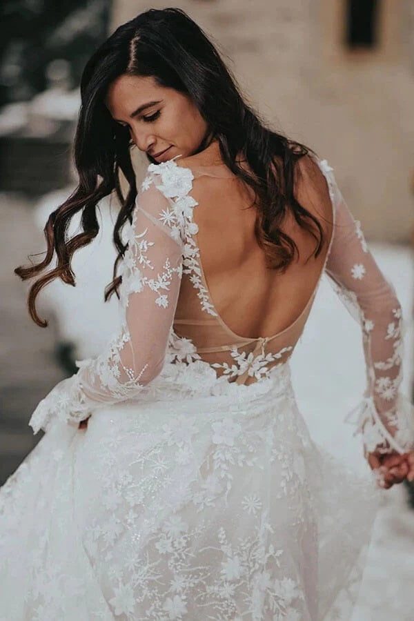 Unique A-line V-neck Long Sleeves Lace Wedding Dresses, Bridal Gowns OK1904