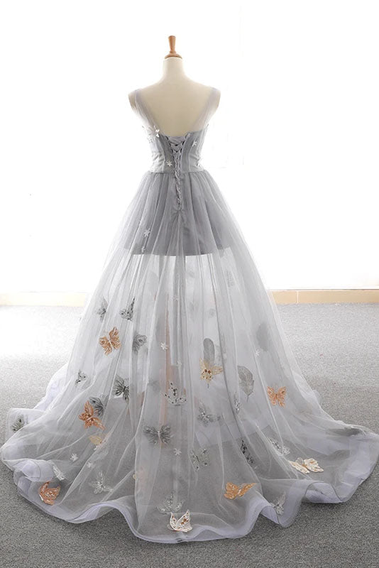Grey Sweet Star Maxi Tulle A-line Lace Up Prom Dress OKU58