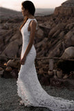 Mermaid Lace Beach Wedding Dresses Backless Slit Sexy Bohemian Bridal Gowns OKV12