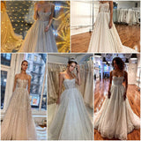 Sparkly Wedding Dress A Line Shiny Tulle Straps Beaded Long Tail Bride Gowns OKW49