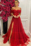 Elegant Red Long Tulle Off The Shoulder Prom Dress Girl Party Dress Women Formal Gown OK1523