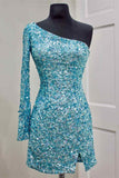 One Sleeve Hot Pink Sequined Short School Party Dress Homecoming Dress OK1456
