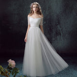 Simple Tulle Off Shoulder Floor-Length Short Sleeves A-line Lace Up Back Wedding Dresses OK802