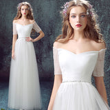 Simple Tulle Off Shoulder Floor-Length Short Sleeves A-line Lace Up Back Wedding Dresses OK802