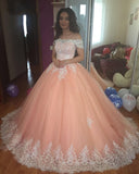 Off the Shoulder Lace Appliques Ball Gowns Cheap Prom Dresses,Quinceanera Dresses OKH96