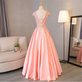 Blush Pink A Line Cap Sleeves Appliques Beaded Long Prom Dress OKJ85