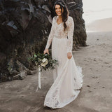 Beach Wedding Dress Long Sleeves V Neck Lace Chiffon A-line Bridal Gowns OKY94