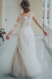 Simple Tulle Lace Applique Wedding Dress 3/4 Long Sleeve Scalloped Floor-Length A-line Bridal Dress OKW16