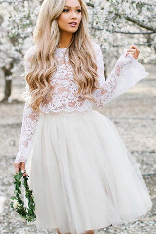 Off White Tulle Long Sleeve Lace 2 Pieces Short  Cheap Homecoming Dresses OKE3