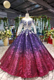 Ball Gown Long Sleeves Sequins Ombre Prom Dresses, Pretty Quinceanera Dress OKQ45