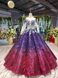 Ball Gown Long Sleeves Sequins Ombre Prom Dresses, Pretty Quinceanera Dress OKQ45