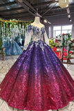 Ball Gown Long Sleeves Sequins Ombre Prom Dresses, Pretty Quinceanera Dress OKQ45