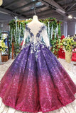 Ball Gown Long Sleeves Sequins Ombre Prom Dresses, Pretty Quinceanera Dress OKQ45