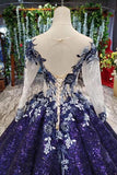 Ball Gown Long Sleeves Sequins Ombre Prom Dresses, Pretty Quinceanera Dress OKQ45