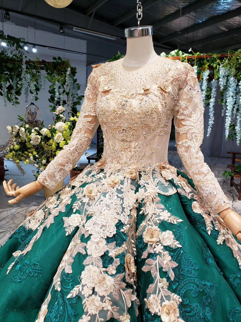 Long Sleeves Ball Gown Wedding Dress Appliqued Beading Quinceanera Dress OKR12