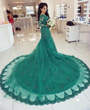 Elegant Long Sleeves V-neck Green Lace Mermaid Prom Dress New OK667