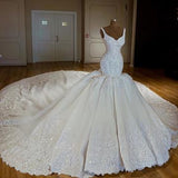 Vintage V-neck Royal Train Satin Mermaid Wedding Dress With Lace Appliques OKE35