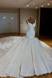 Vintage V-neck Royal Train Satin Mermaid Wedding Dress With Lace Appliques OKE35