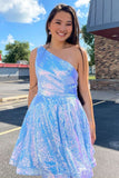 Short Blue One Shoulder Sequined A Line Graduation Homecoming Dress OK1579