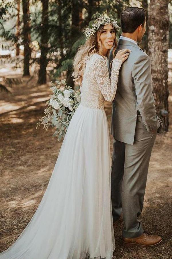 Boho Ivory Tulle Lace Top A Line Long Sleeves Wedding Dress With Sweep Train OK1139