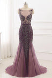 Beading Scoop Mermaid Sweep Train Tulle  Long Cheap Prom Dresses OKG25