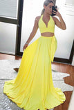 Two Piece A Line Yellow Cheap Long Prom Dress Sexy Formal Evening Dresses OKG14