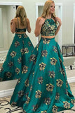 Two Piece A Line Floral Print Long Prom Dresses,Sexy Long Evening Dresses OKG12