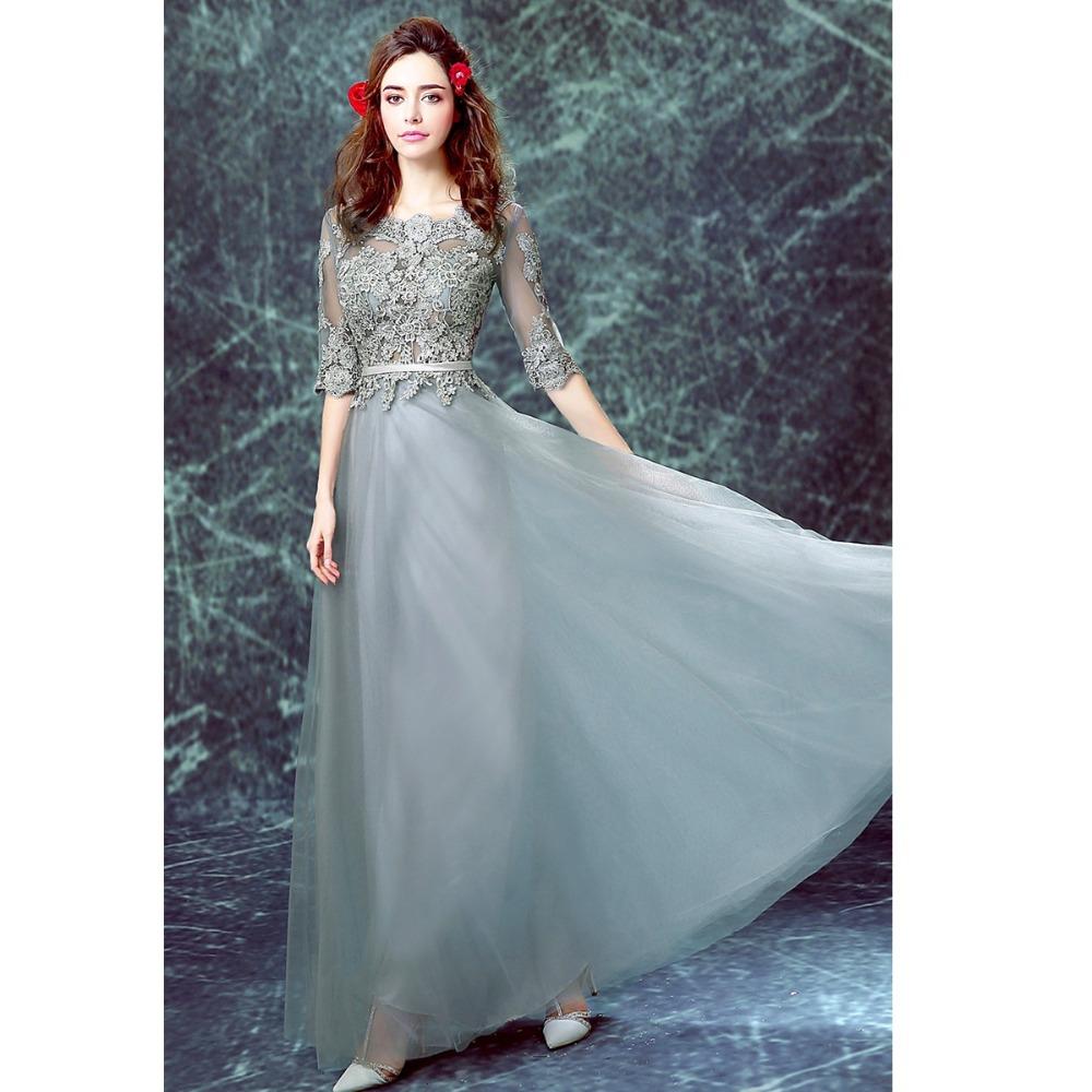 Grey Floor-length Half Sleeve Tulle Long Prom Dresses,A line Evening Dress OK882