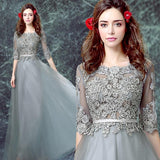 Grey Floor-length Half Sleeve Tulle Long Prom Dresses,A line Evening Dress OK882