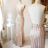 Mermaid Spaghetti Straps Rose Gold Long Simple Prom Dress with Sequins OKD75