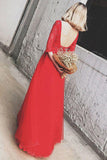 Red Bateau Floor-length Appliques Half Sleeves Long Prom Dress Evening Dress OKS49