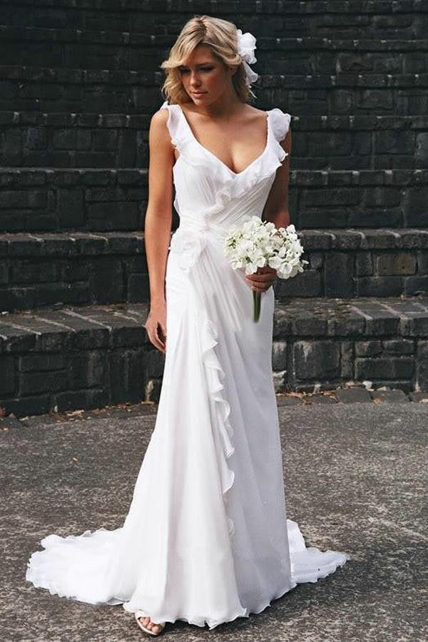 Simple Wedding Dress,White Wedding Dresses, V-neck Wedding Dresses,Chiffon Wedding Dresses,Ruffles Wedding Gown,Bridal Gowns