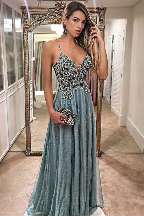 A-Line Prom Dresses,Spaghetti Straps Prom Gown,Lace Prom Dress,Beading Prom Dress