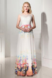 Pretty Long Cap Sleeves Printed Chiffon Charming Prom Dresses K115