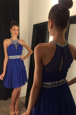 Girly Handmade Royal Blue Short Chiffon Halter Homecoming Dress K156