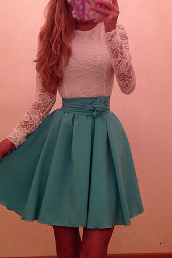 Elegant Pretty Long Sleeves Lace Homecoming Dress With Belt K175