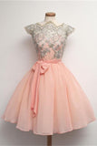 Blush Pink Lace Short Chiffon Homecoming Dress With Belt K182