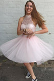 Girly Two Pieces Pink Beaded Halter Homecoming Dress K256