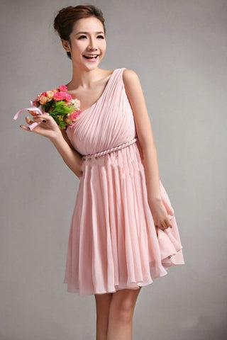 Simple One Shoulder Short Chiffon Cheap Bridesmaid Homecoming Dress K49