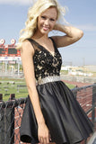 V-neck Black Lace Open Back Short Beading Homecoming Dress K59